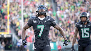 Oregon Ducks wide receiver Evan Stewart celebrates a long reception as the No. 3 Oregon Ducks host the No. 2 Ohio State Buckeyes on Saturday, Oct. 12, 2024, at Autzen Stadium in Eugene, Ore.