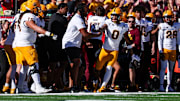 Arizona State Sun Devils wide receiver Jordyn Tyson (0) points down field after picking up a first down against the Arizona Wildcats.
