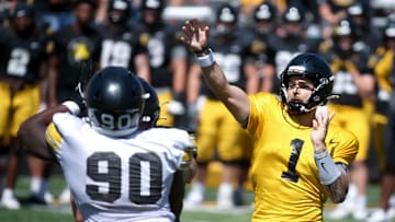 Iowa quarterback Brendan Sullivan (1) throws the ball during Kids Day at Kinnick Saturday, Aug. 10, 2024 at Kinnick Stadium in Iowa City, Iowa.