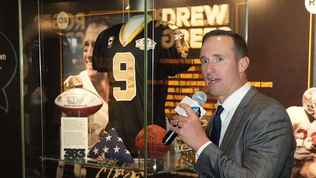2026 Pro Football Hall of Fame enshrinee Drew Brees talks about his items on display at the Hall of Fame during the unveiling ceremony Friday, April 17, 2026.