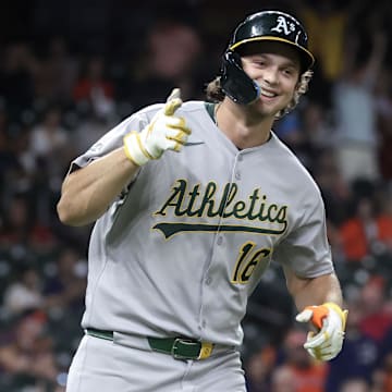 Jul 25, 2025; Houston, Texas, USA;  Athletics designated hitter Nick Kurtz (16) celebrates after hitting his fourth home run of the game during the ninth inning against the Houston Astros at Daikin Park. Mandatory Credit: Troy Taormina-Imagn Images