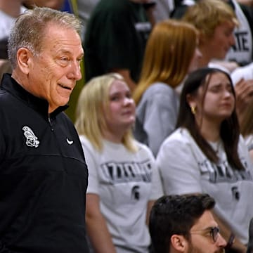 Nov 17, 2023; East Lansing, Michigan, USA; Michigan State Spartans head coach Tom Izzo has a smile at the end of the game against the Butler Bulldogs at Jack Breslin Student Events Center. Mandatory Credit: Dale Young-Imagn Images