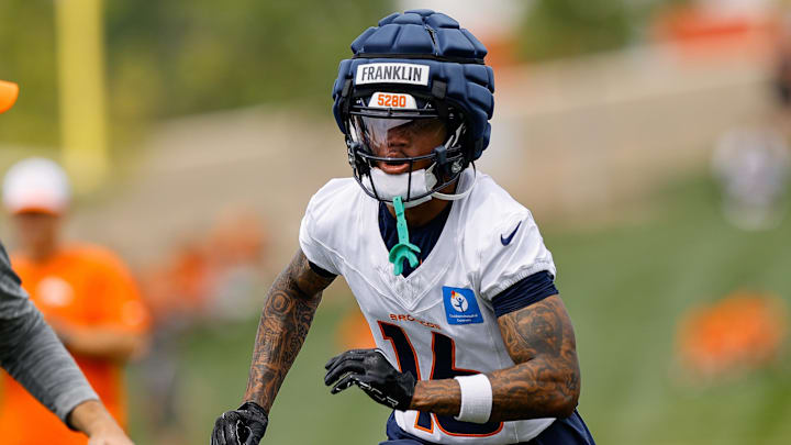 Jul 26, 2024; Englewood, CO, USA; Denver Broncos wide receiver Troy Franklin (16) during training camp at Broncos Park Powered by CommonSpirit. 