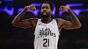 December 25, 2019; Los Angeles, California, USA; Los Angeles Clippers guard Patrick Beverley (21) reacts against the Los Angeles Lakers during the first half at Staples Center. Mandatory Credit: Gary A. Vasquez-Imagn Images