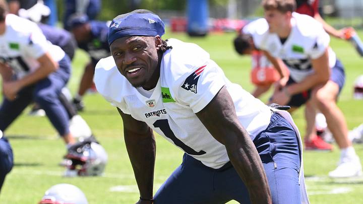 Jun 2, 2026; Foxborough, MA, USA; New England Patriots wide receiver A.J. Brown (1) warms up during the team's OTA at Gillette Stadium. Mandatory Credit: Eric Canha-Imagn Images