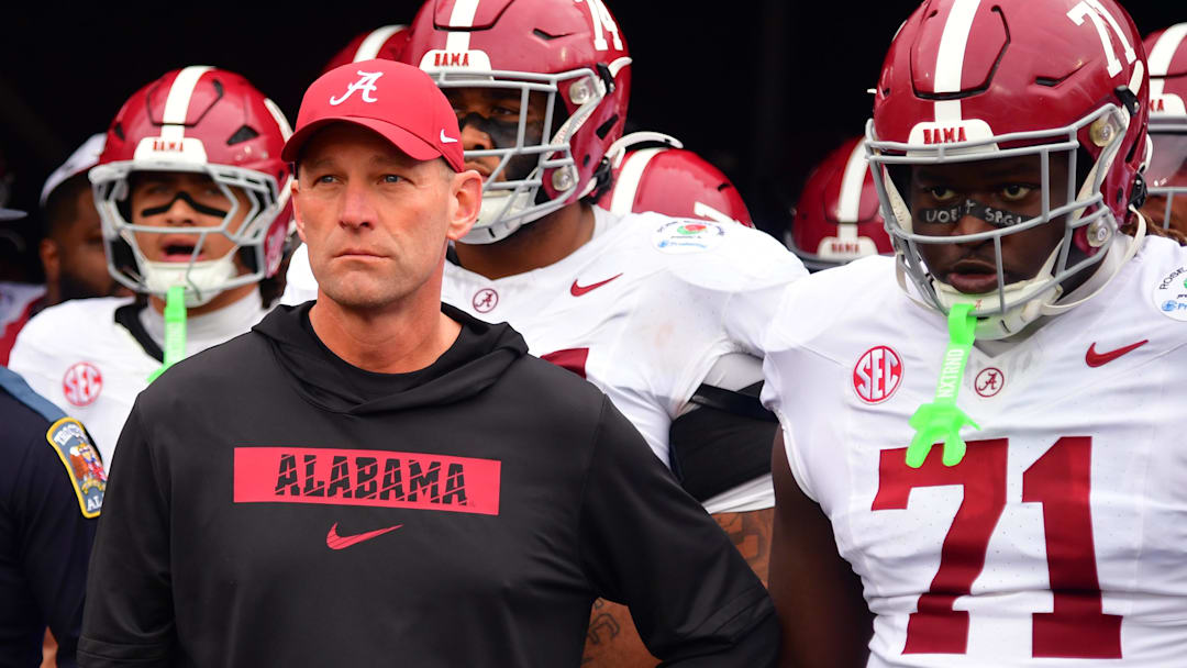 Jan 1, 2026; Pasadena, CA, USA; Alabama Crimson Tide head coach Kalen Deboer walks on field before the 2026 Rose Bowl and quarterfinal game of the College Football Playoff against the Indiana Hoosiers at Rose Bowl Stadium. Mandatory Credit: Gary A. Vasquez-Imagn Images Jan 1, 2026; Pasadena, CA, USA; Alabama Crimson Tide head coach Kalen Deboer walks on field before the 2026 Rose Bowl and quarterfinal game of the College Football Playoff against the Indiana Hoosiers at Rose Bowl Stadium. Mandatory Credit: Gary A. Vasquez-Imagn Images