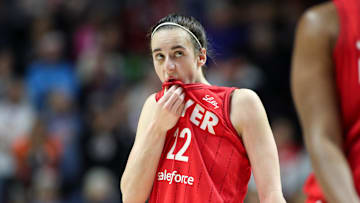 Sep 25, 2024; Uncasville, Connecticut, USA; Indiana Fever guard Caitlin Clark (22) reacts during the second half against the Connecticut Sun during game two of the first round of the 2024 WNBA Playoffs at Mohegan Sun Arena. Mandatory Credit: Paul Rutherford-Imagn Images