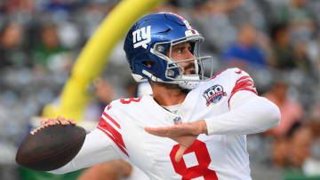 Aug 24, 2024; East Rutherford, New Jersey, USA; New York Giants quarterback Daniel Jones (8) warms up before the game against the New York Jets at MetLife Stadium.  