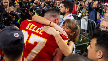 Kansas City Chiefs tight end Travis Kelce (87) celebrates with girlfriend Taylor Swift after defeating the San Francisco 49ers in Super Bowl LVIII at Allegiant Stadium. 