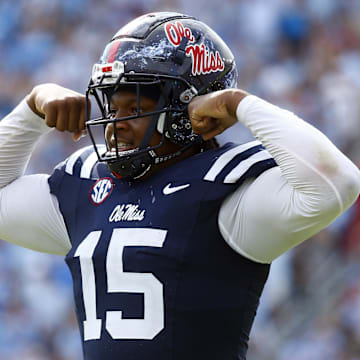 Oct 26, 2024; Oxford, Mississippi, USA; Mississippi Rebels defensive linemen Jared Ivey (15) reacts during the second half against the Oklahoma Sooners at Vaught-Hemingway Stadium. Mandatory Credit: Petre Thomas-Imagn Images