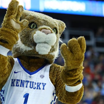 Mar 29, 2019; Kansas City, MO, United States; Kentucky Wildcats mascot performs against the Houston Cougars during the first half in the semifinals of the midwest regional of the 2019 NCAA Tournament at Sprint Center. Mandatory Credit: Jay Biggerstaff-Imagn Images