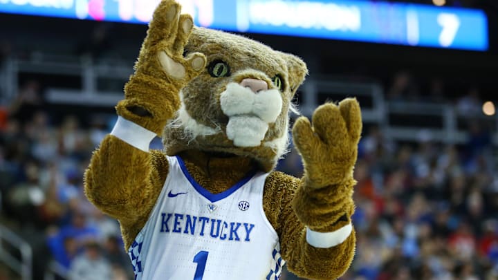 Mar 29, 2019; Kansas City, MO, United States; Kentucky Wildcats mascot performs against the Houston Cougars during the first half in the semifinals of the midwest regional of the 2019 NCAA Tournament at Sprint Center. Mandatory Credit: Jay Biggerstaff-Imagn Images