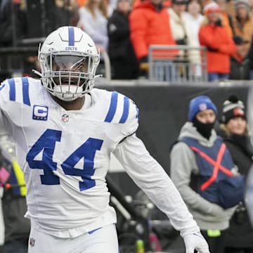 Dec 10, 2023; Cincinnati, Ohio, USA; Indianapolis Colts linebacker Zaire Franklin (44) reacts to a play at Paycor Stadium. 