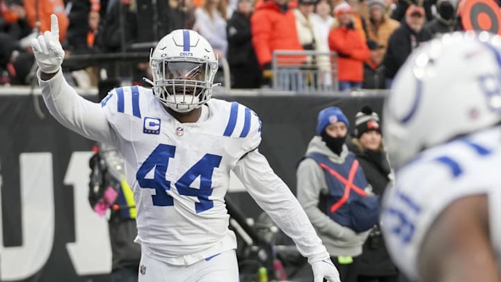 Dec 10, 2023; Cincinnati, Ohio, USA; Indianapolis Colts linebacker Zaire Franklin (44) reacts to a play at Paycor Stadium. 