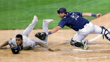 Hudson Valley's Alexander Vargas is tagged out by Wilmington catcher Caleb Farmer on a fourth-inning grounder as the Rocks played their infield in during the Blue Rocks' 6-3 loss at Frawley Stadium, Friday, August 4, 2023.
