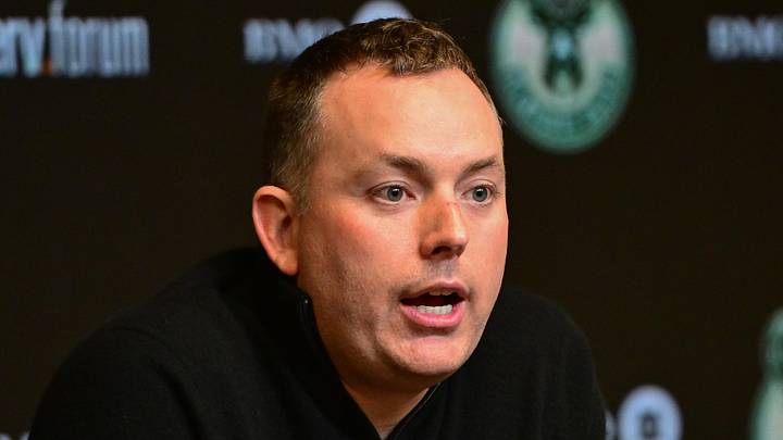 Milwaukee Bucks general manager Jon Horst addresses the media at Fiserv Forum on Jan 24, 2024.