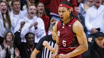 Feb 14, 2025; Bloomington, Indiana, USA; Indiana Hoosiers forward Malik Reneau (5) reacts to a basket and foul  in the second half against the UCLA Bruins at Simon Skjodt Assembly Hall. Mandatory Credit: Trevor Ruszkowski-Imagn Images