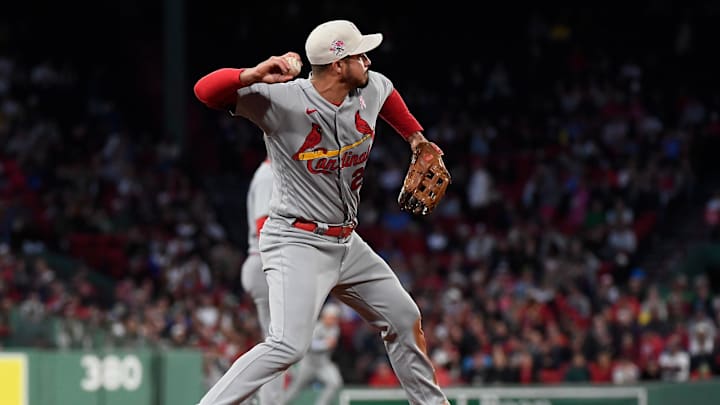May 14, 2023; Boston, Massachusetts, USA; St. Louis Cardinals third baseman Nolan Arenado (28) throws Boston Red Sox left fielder Masataka Yoshida (7) out at first base during the third inning at Fenway Park. Mandatory Credit: Eric Canha-Imagn Images May 14, 2023; Boston, Massachusetts, USA; St. Louis Cardinals third baseman Nolan Arenado (28) throws Boston Red Sox left fielder Masataka Yoshida (7) out at first base during the third inning at Fenway Park. Mandatory Credit: Eric Canha-Imagn Images