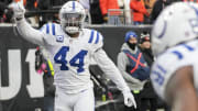 Dec 10, 2023; Cincinnati, Ohio, USA; Indianapolis Colts linebacker Zaire Franklin (44) reacts to a play at Paycor Stadium. Mandatory Credit: Bob Scheer-USA TODAY Sports