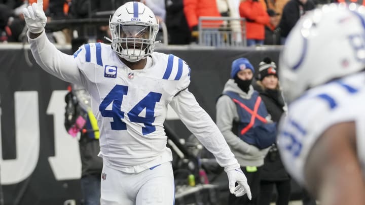 Dec 10, 2023; Cincinnati, Ohio, USA; Indianapolis Colts linebacker Zaire Franklin (44) reacts to a play at Paycor Stadium. Mandatory Credit: Bob Scheer-USA TODAY Sports