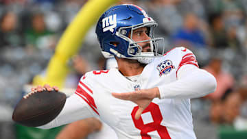 Aug 24, 2024; East Rutherford, New Jersey, USA; New York Giants quarterback Daniel Jones (8) warms up prior to the game against the New York Jets at MetLife Stadium. Mandatory Credit: Rich Barnes-USA TODAY Sports