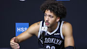 Sep 23, 2025; Brooklyn, NY, USA;  Brooklyn Nets forward Jalen Wilson (22) speaks at Media Day. Mandatory Credit: Wendell Cruz-Imagn Images