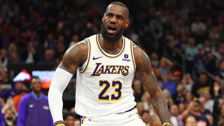 Los Angeles Lakers forward LeBron James (23) reacts as he celebrates a slam dunk against the Phoenix Suns at Footprint Center. Mark J. Rebilas-USA TODAY Sports