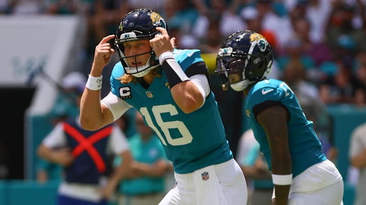 Sep 8, 2024; Miami Gardens, Florida, USA; Jacksonville Jaguars quarterback Trevor Lawrence (16) reacts from the field against the Miami Dolphins during the first quarter at Hard Rock Stadium. Mandatory Credit: Sam Navarro-Imagn Images