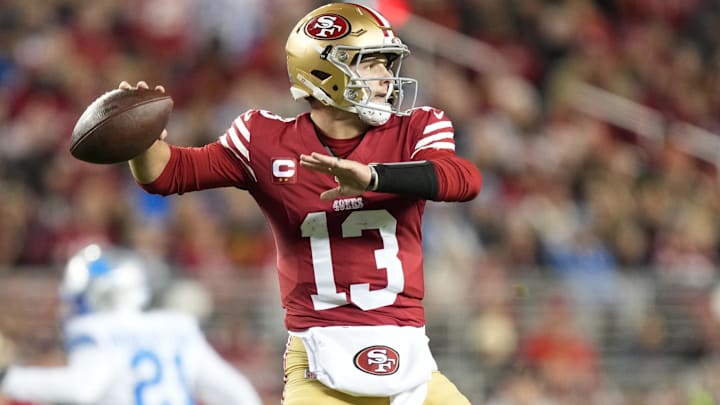 San Francisco 49ers quarterback Brock Purdy (13) passes the football against the Detroit Lions during the first quarter at Levi's Stadium.
