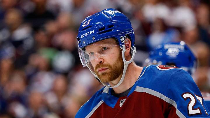 Apr 9, 2026; Denver, Colorado, USA; Colorado Avalanche defenseman Brett Kulak (27) in the third period against the Calgary Flames at Ball Arena. Mandatory Credit: Isaiah J. Downing-Imagn Images