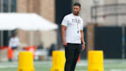 Notre Dame head coach Marcus Freeman watches his team during a football practice at Irish Athletic Center on Thursday, July 31, 2025, in South Bend.