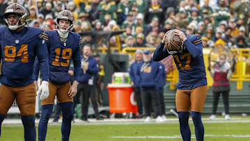 Nov 2, 2025; Green Bay, Wisconsin, USA; Green Bay Packers place kicker Brandon McManus (17) reacts after missing a 43-yard field goal against the Carolina Panthers during the game at Lambeau Field. Mandatory Credit: Tork Mason-USA TODAY Network via Imagn Images