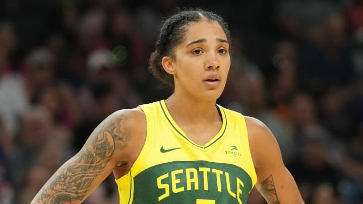 Aug 5, 2023: Seattle Storm forward Gabby Williams looks on against the Phoenix Mercury during the first half at Footprint Center.