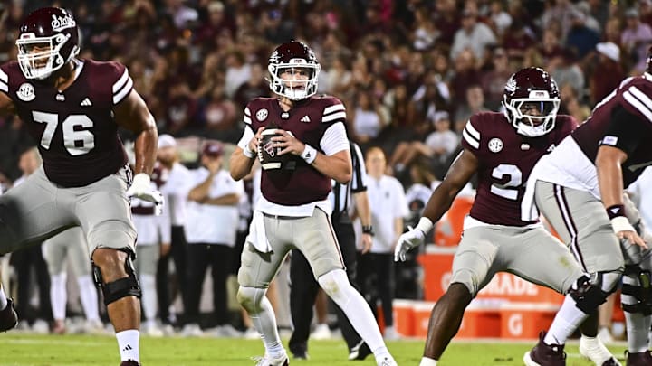 Sep 14, 2024; Starkville, Mississippi, USA; Mississippi State Bulldogs quarterback Blake Shapen (2) looks to pass against the Toledo Rockets during the second quarter at Davis Wade Stadium at Scott Field. Mandatory Credit: Matt Bush-Imagn Images
