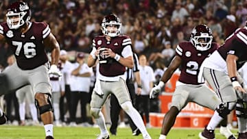 Sep 14, 2024; Starkville, Mississippi, USA; Mississippi State Bulldogs quarterback Blake Shapen (2) looks to pass against the Toledo Rockets during the second quarter at Davis Wade Stadium at Scott Field. Mandatory Credit: Matt Bush-Imagn Images