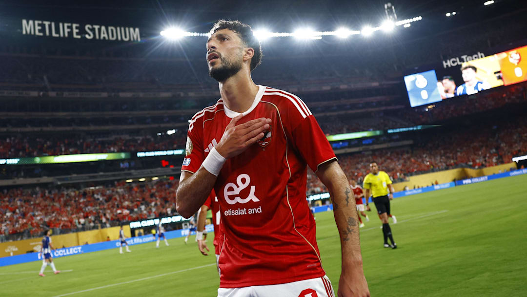 [Subscription Customers Only] Jun 23, 2025; East Rutherford, New Jersey, USA; Al Ahly's Wessam Abou Ali celebrates scoring their first goal during a group stage match of the 2025 FIFA Club World Cup at MetLife Stadium. Mandatory Credit: Susana Vera-Reuters via Imagn Images