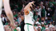 Jun 6, 2024; Boston, Massachusetts, USA; Boston Celtics forward Jayson Tatum (0) reacts in the third quarter against the Dallas Mavericks during game one of the 2024 NBA Finals at TD Garden. Mandatory Credit: David Butler II-USA TODAY Sports