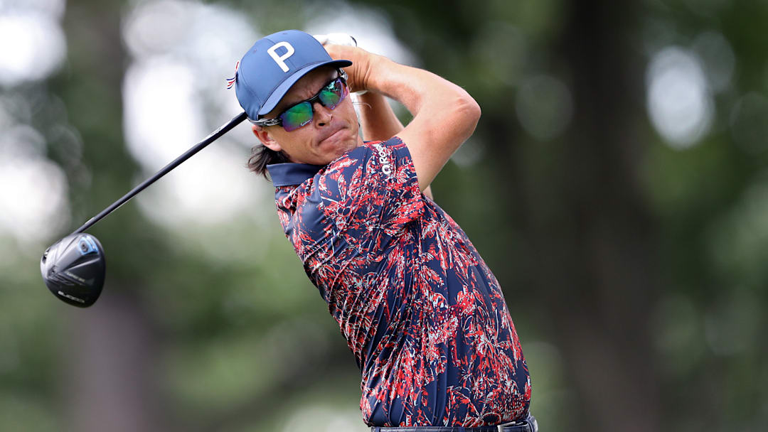 Rickie Fowler tees off during the second round of the 2025 Rocket Classic