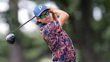 Rickie Fowler tees off during the second round of the 2025 Rocket Classic