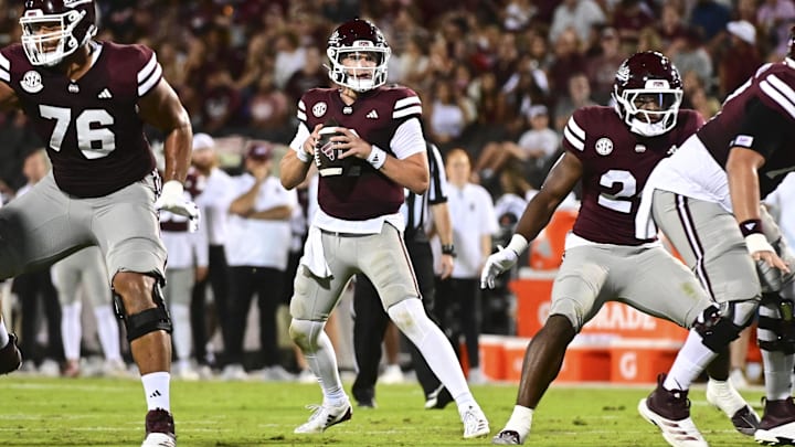 Mississippi State Bulldogs quarterback Blake Shapen (2) looks to pass against the Toledo Rockets during the second quarter at Davis Wade Stadium at Scott Field. 