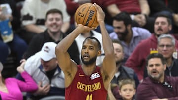 Mar 11, 2025; Cleveland, Ohio, USA; Cleveland Cavaliers forward Evan Mobley (4) shoots in the fourth quarter against the Brooklyn Nets at Rocket Arena. Mandatory Credit: David Richard-Imagn Images