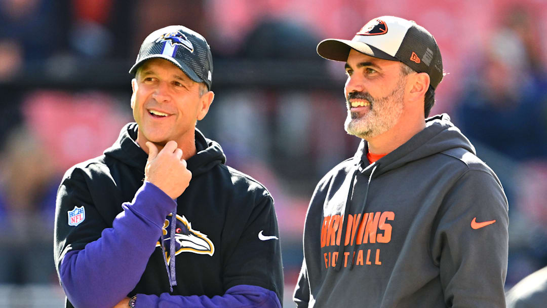 NFL coaches John Harbaugh, left, and Kevin Stefanski