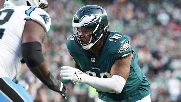 Philadelphia Eagles defensive tackle Jalen Carter (98) in action against the Carolina Panthers.