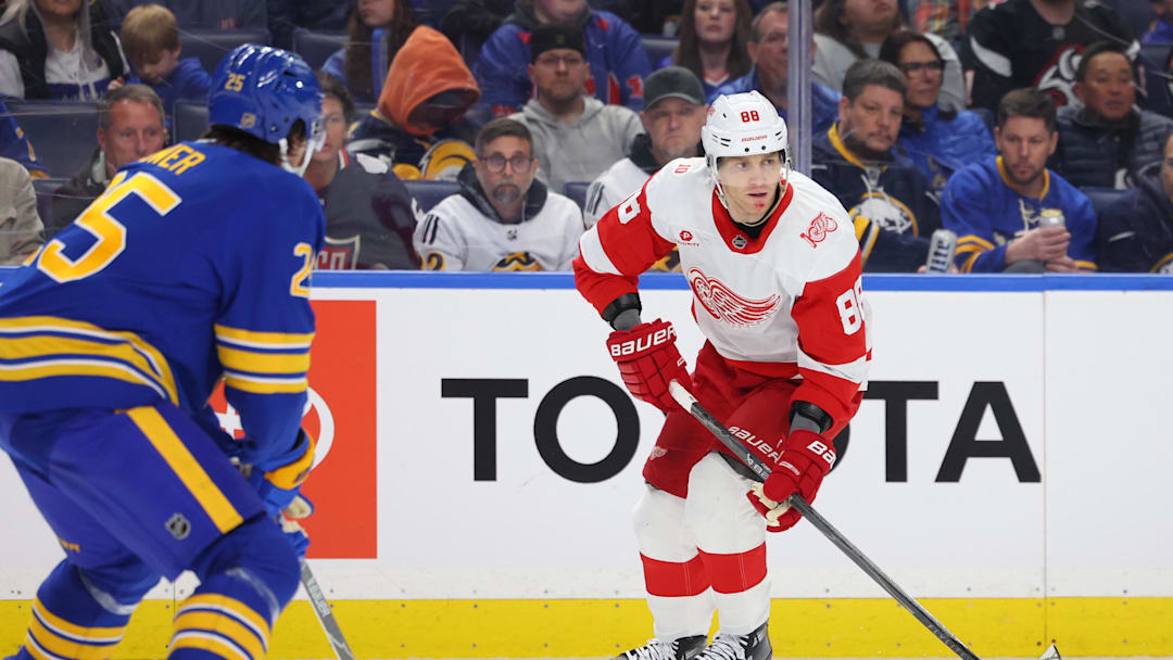 Mar 27, 2026; Buffalo, New York, USA;  Detroit Red Wings right wing Patrick Kane (88) looks to make a pass during the third period against the Buffalo Sabres at KeyBank Center. Mandatory Credit: Timothy T. Ludwig-Imagn Images