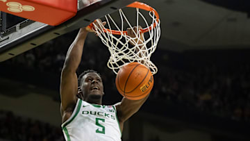 Oregon guard TJ Bamba dunks the ball as the Oregon Ducks host the Purdue Boilermakers Saturday, Jan. 18, 2025, at Matthew Knight Arena in Eugene, Ore.