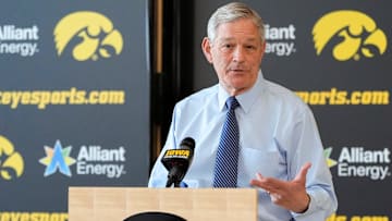 Iowa head football coach Kirk Ferentz gives team updates during a press conference as spring training begins Wednesday, March 26, 2025 in Iowa City, Iowa.