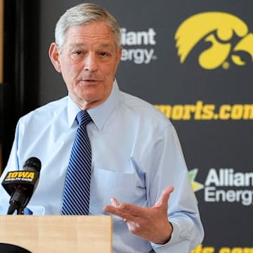 Iowa head football coach Kirk Ferentz gives team updates during a press conference as spring training begins Wednesday, March 26, 2025 in Iowa City, Iowa.