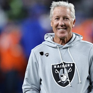 Nov 6, 2025; Denver, Colorado, USA; Las Vegas Raiders head coach Pete Carroll before the game at Empower Field at Mile High. Mandatory Credit: Isaiah J. Downing-Imagn Images