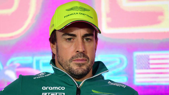 Nov 15, 2023; Las Vegas, Nevada, USA; Aston Martin driver Fernando Alonso of Spain during media availabilities at Las Vegas Strip Circuit. Mandatory Credit: Gary A. Vasquez-USA TODAY Sports