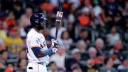 Jun 26, 2024; Houston, Texas, USA; Houston Astros left fielder Yordan Alvarez (44) stands in the on-deck circle against the Colorado Rockies during the game at Minute Maid Park. Mandatory Credit: Erik Williams-USA TODAY Sports
